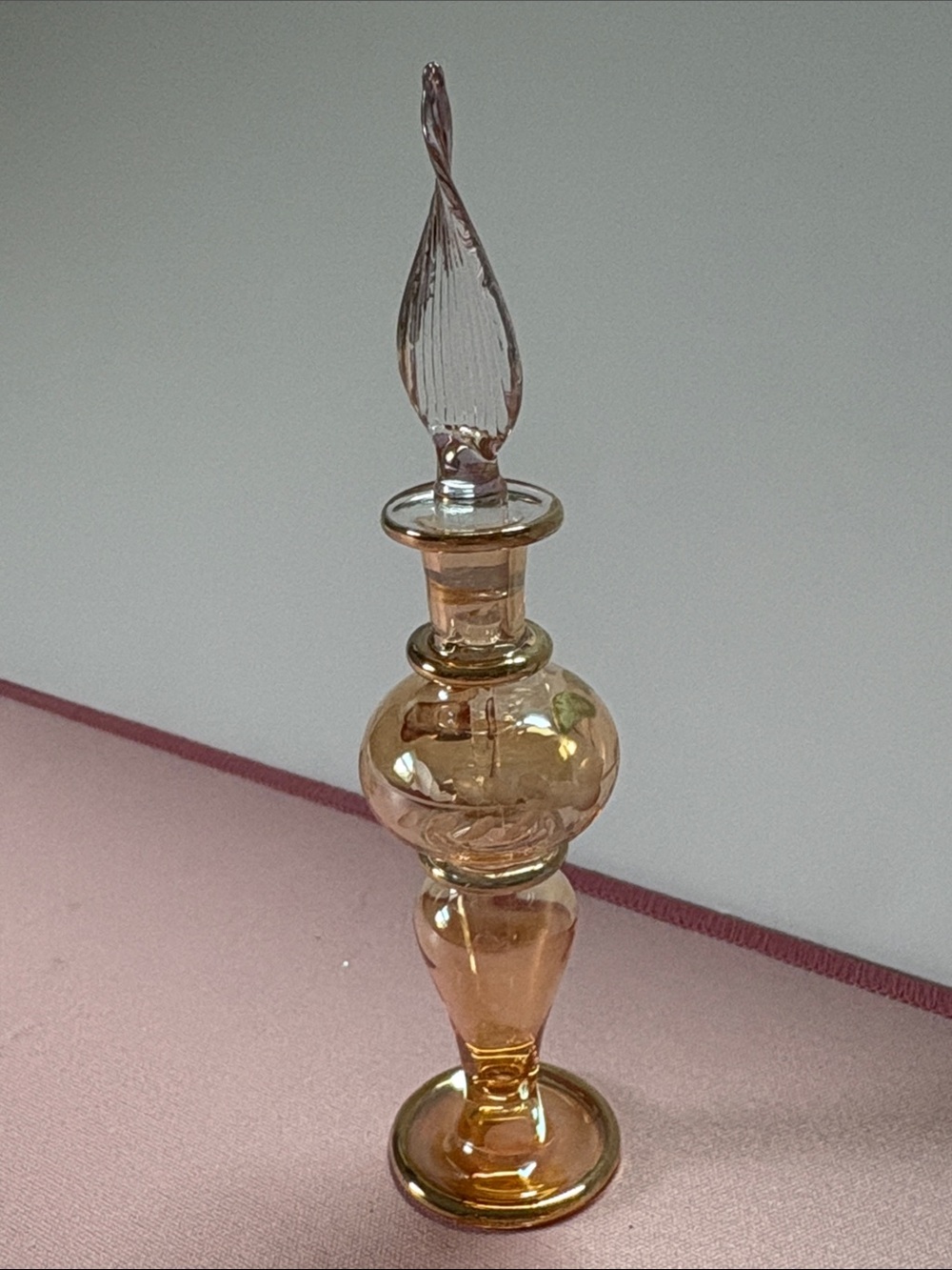 Egyptian Handblown Amber and Gold Glass Bottle with Decorative Stopper